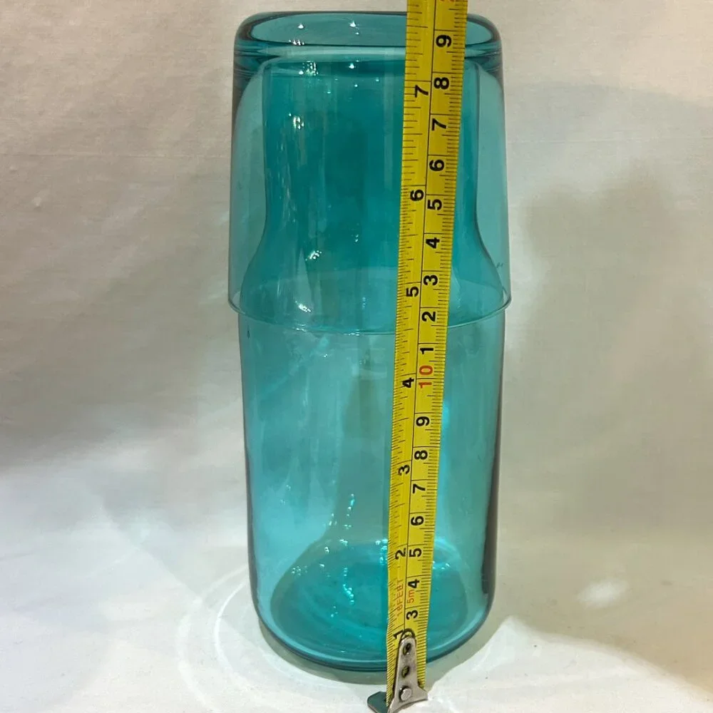 Jonathan Adler BIBA Teal Blue Glass Bedside Water Carafe 25 oz & Cup 10 oz Set